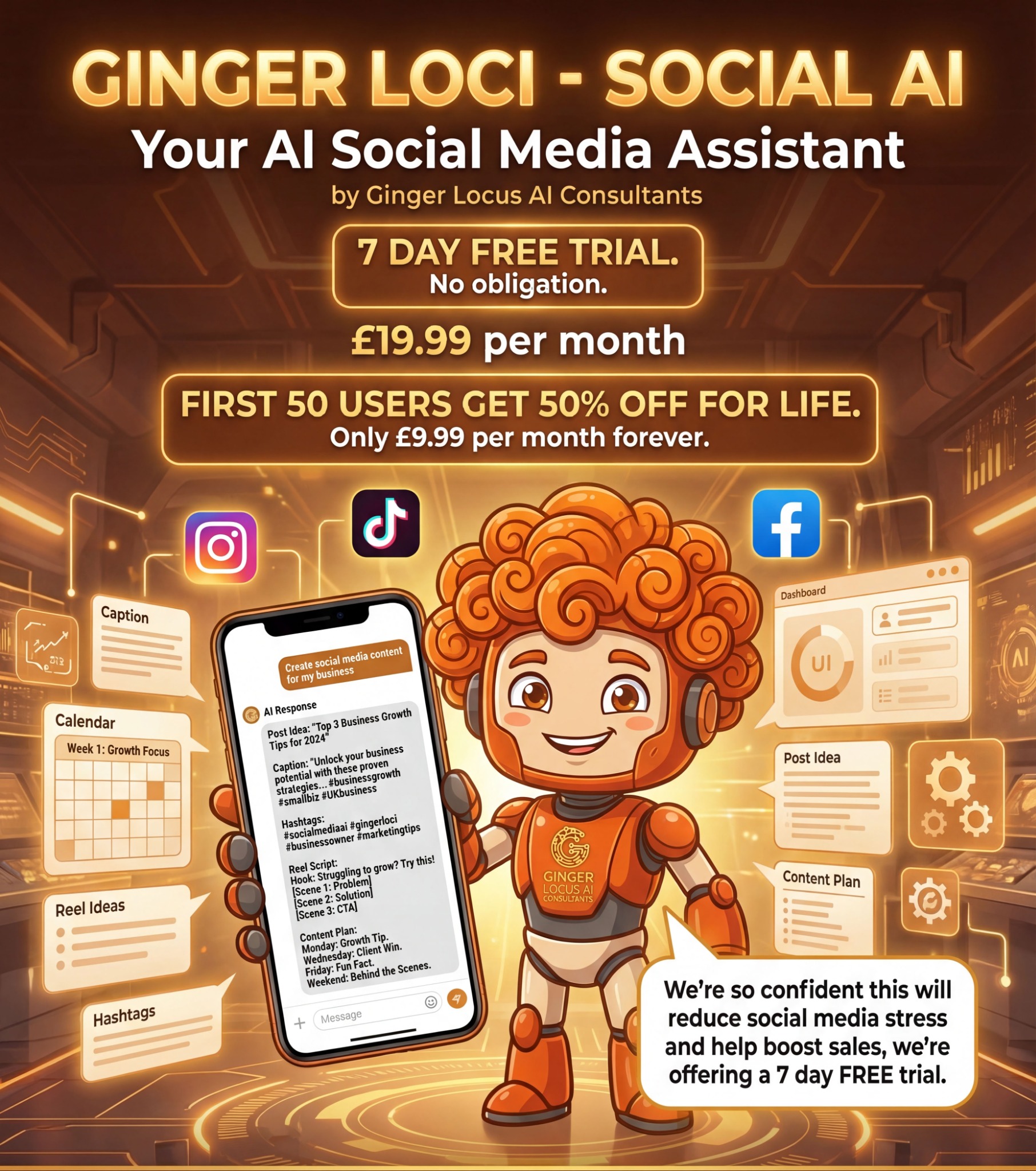 Ginger Loci Social AI promo poster